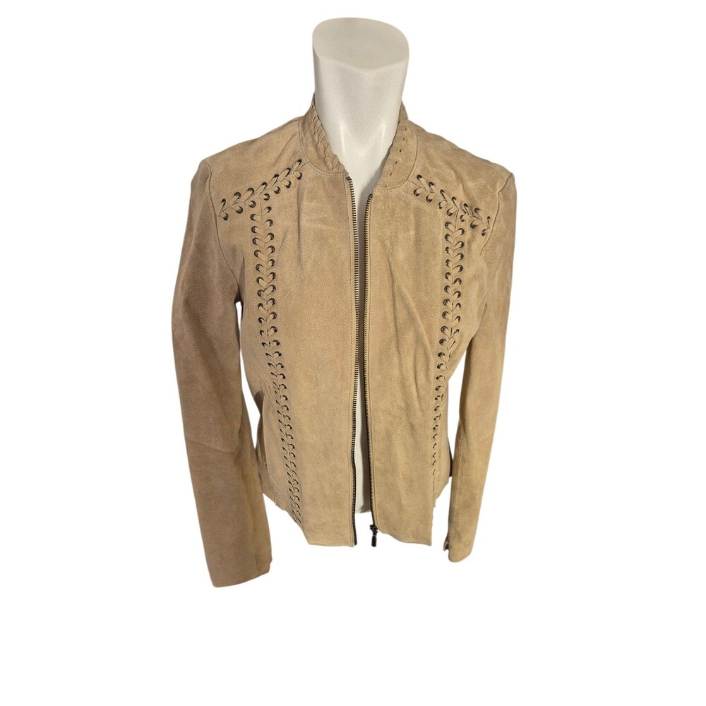 Saks Fifth Ave VTG Y2K Suede Jacket Whipstitch Leather Scuba Jacket Beige Sz S